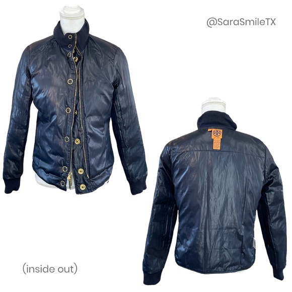 TORY BURCH Authentic Navy Blue Goose Down Puffer Gold Button Winter Coat - Picture 13 of 14